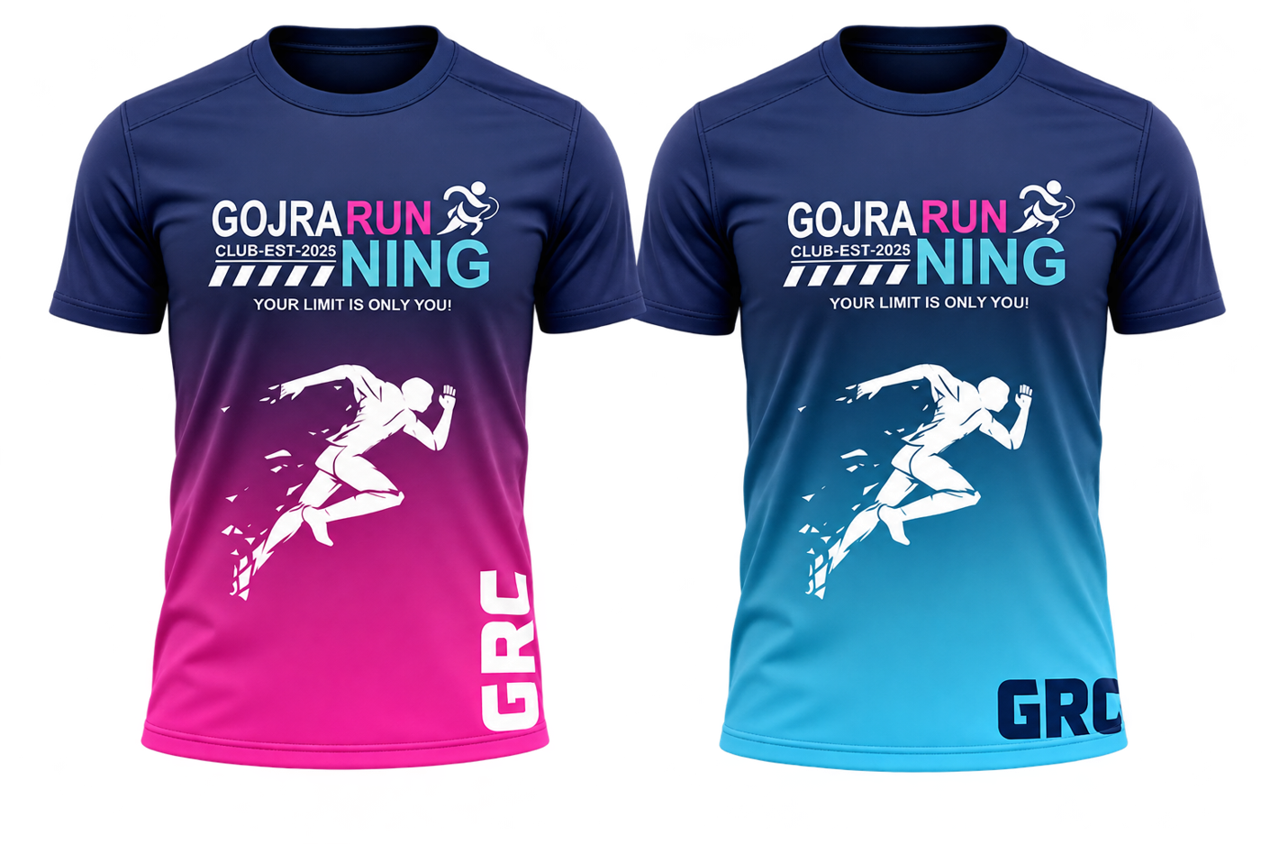 Official Gojra Running Club shirt in pink and cyan with GRC branding